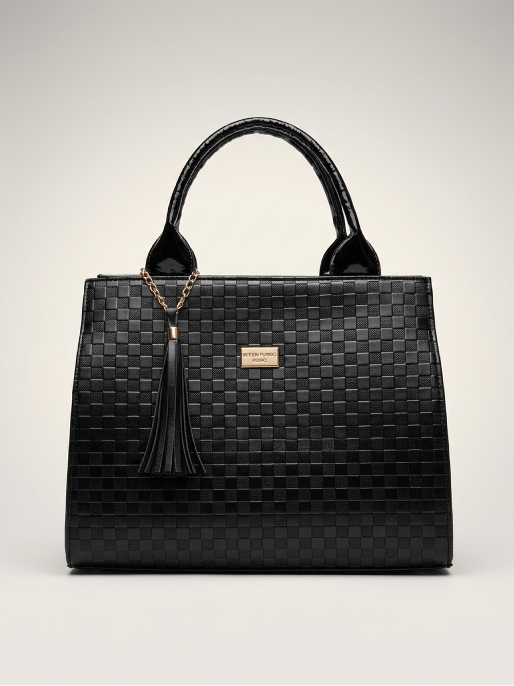 Bell Republic 2020 Black Checkerboard Patent Faux Leather Satchel Handbag - Picture 2 of 13